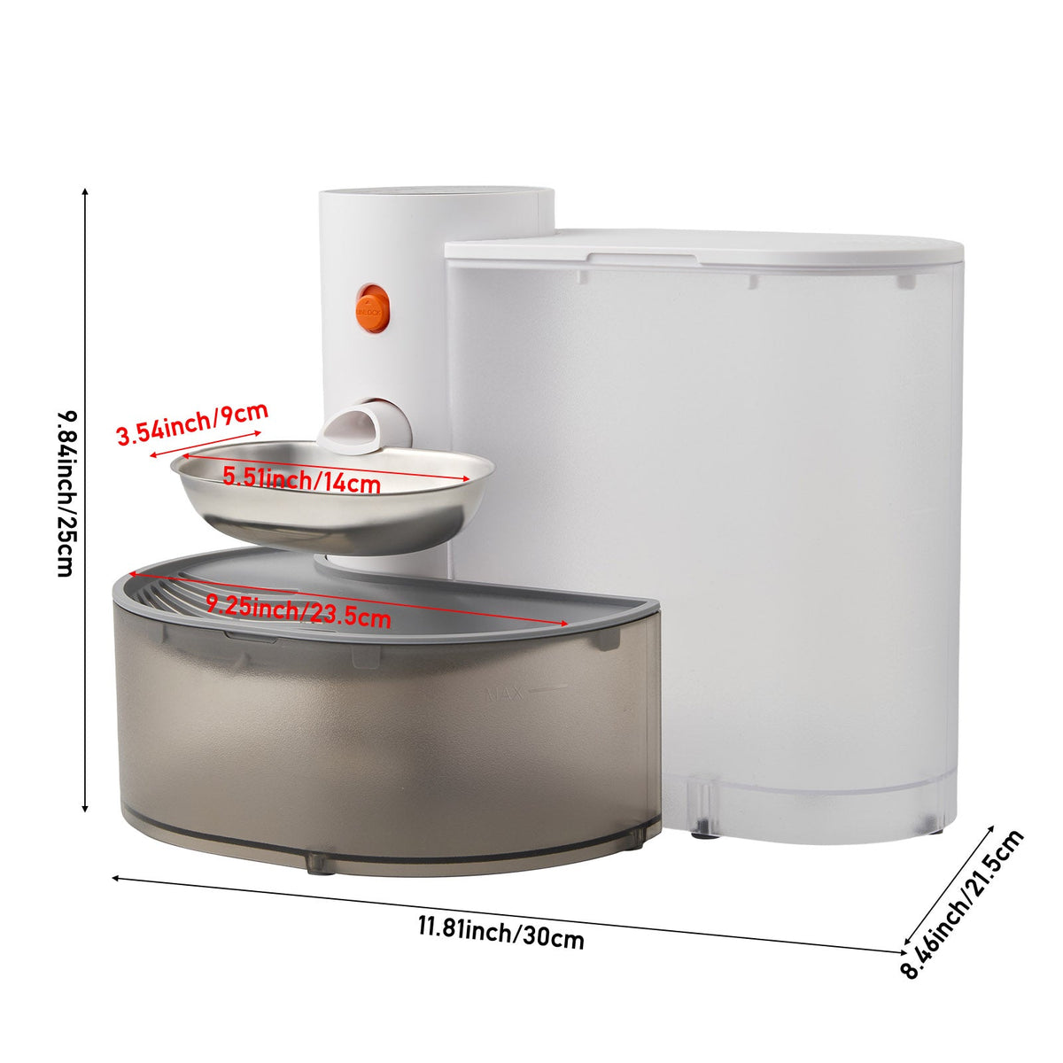 The self-refilling water fountain with its sizes: 30 cm wide, 21.5 cm deep and 25 cm high, bowl 14 by 9 cm