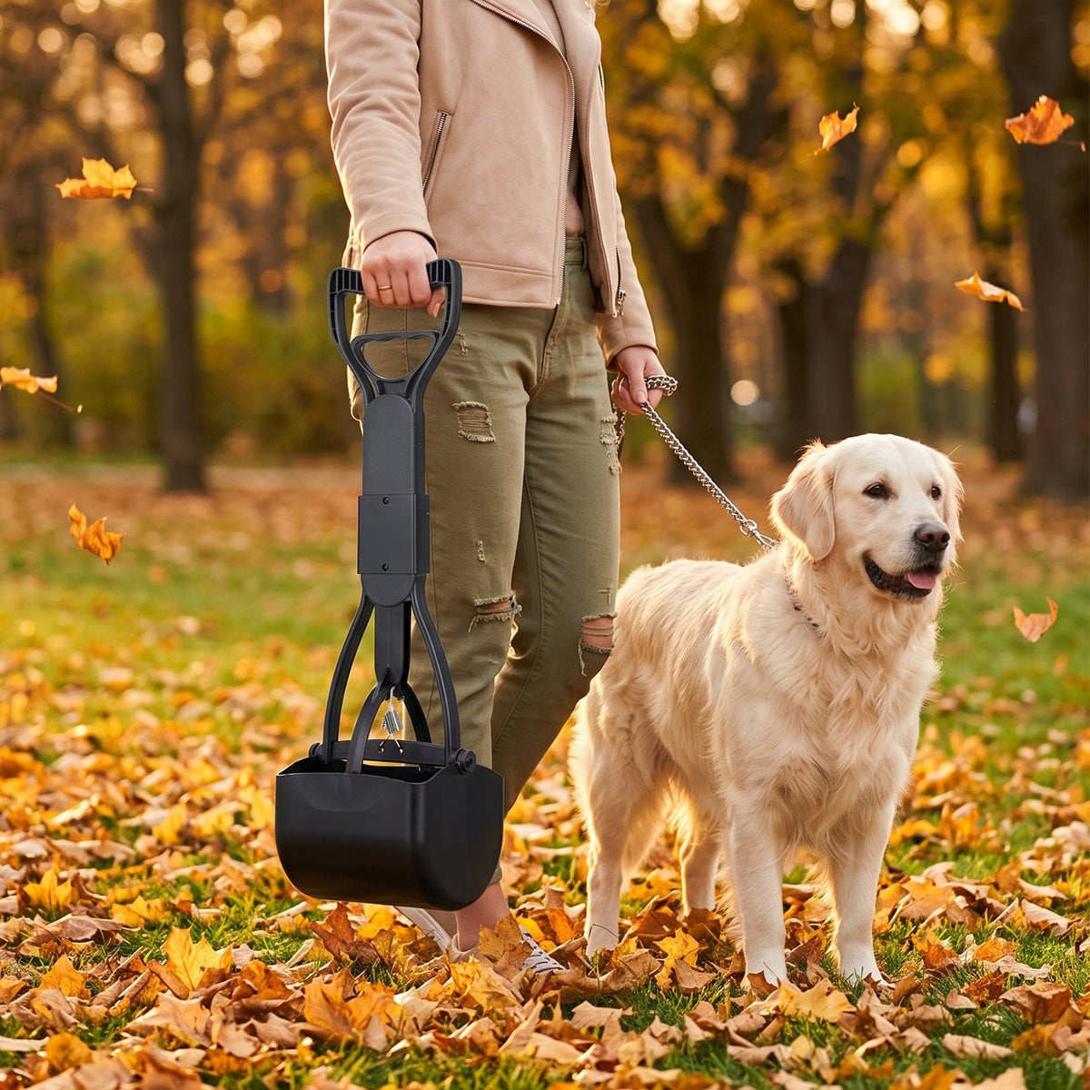Walking a golden retriever through autumn leaves with the black poop scoop