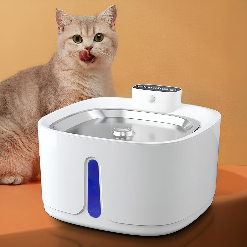A cream cat licking its lips behind the square white water fountain with a steel tray