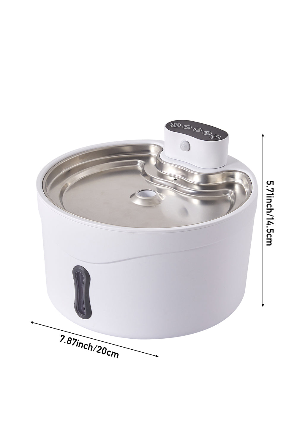 The pet water fountain with its measurements: 20 cm across and 14.5 cm high