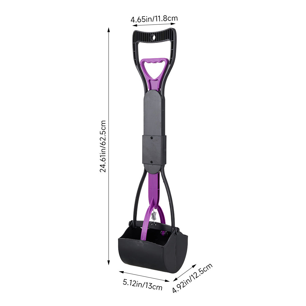 Purple and black foldable dog poop scoop with its dimensions
