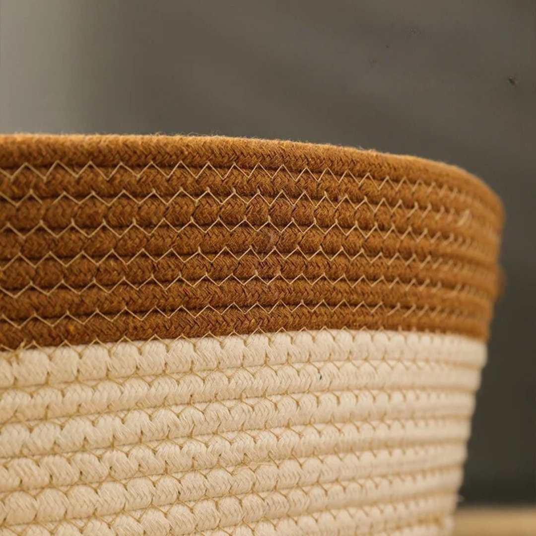 Close-up of the woven cotton rope wall and its khaki-brown top band