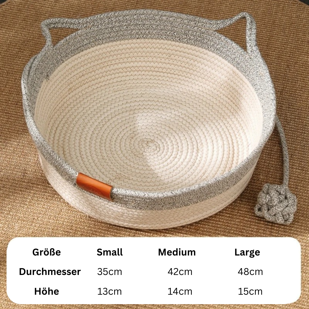 Cotton rope cat bed with a grey band, above a table of its three sizes
