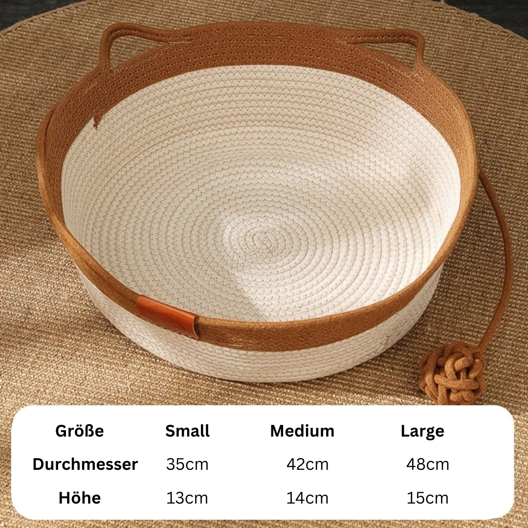 Cotton rope cat bed with a khaki band, above a table of its three sizes