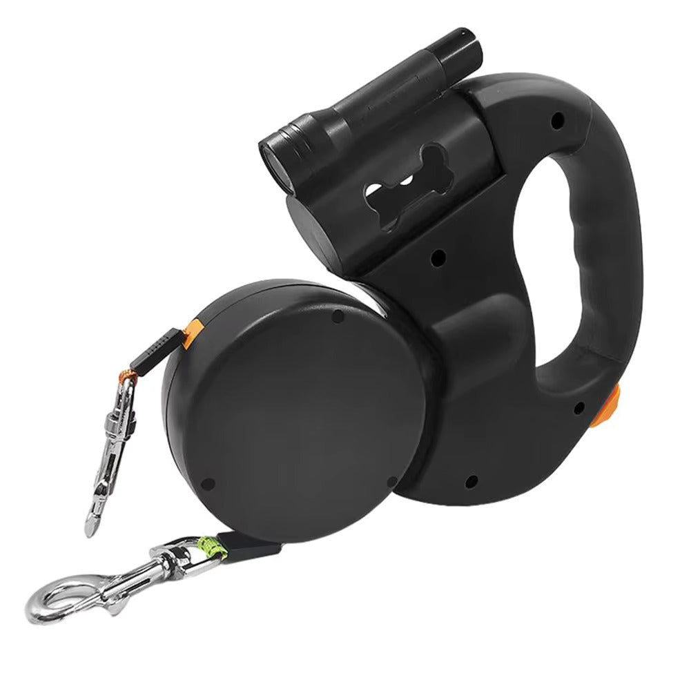 Black retractable double dog lead with its bag dispenser, two tapes and clips