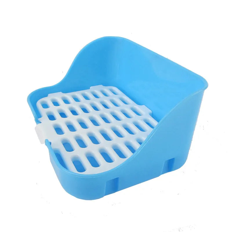 Blue small-pet litter tray with a high back and a white removable grid