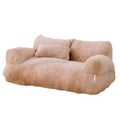 Camel plush dog sofa bed with two armrests and a small pillow