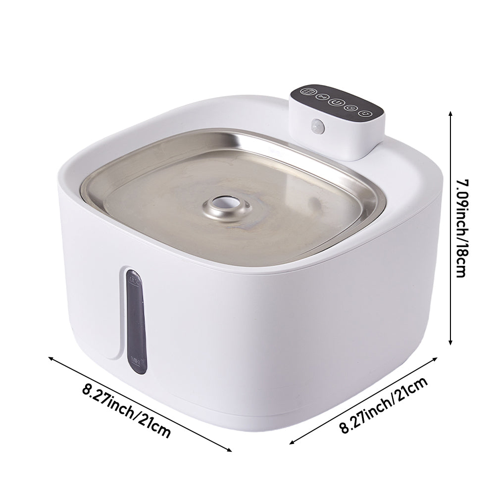 The square water fountain with its size: 21 cm wide, 21 cm deep and 18 cm high