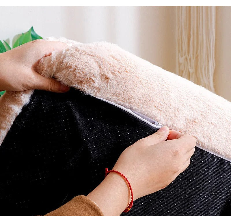 Hands unzipping the plush cover of the dog sofa, showing the black base with non-slip dots