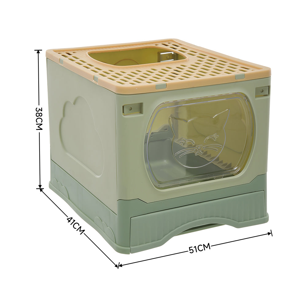 Green enclosed cat litter box with a beige grid top, 51 cm wide, 41 cm deep and 38 cm high