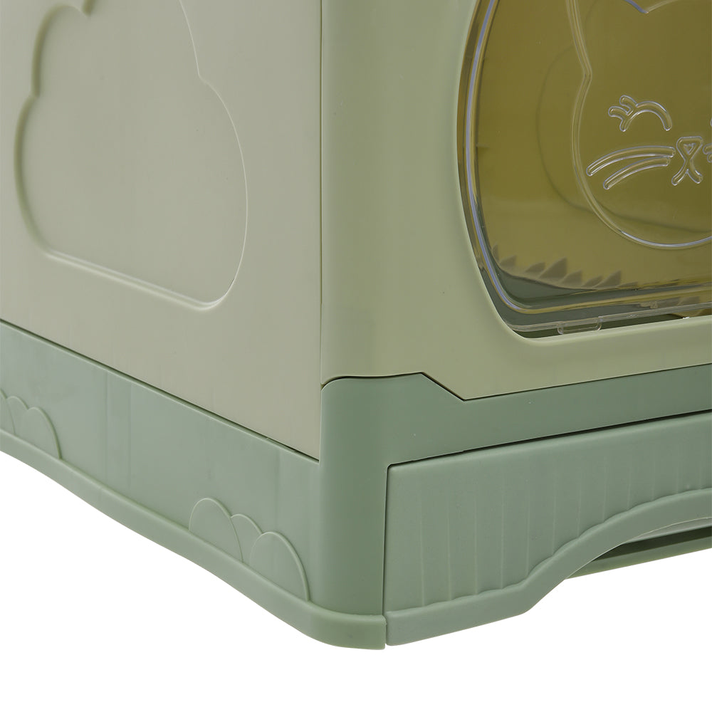 Close-up of the drawer front and the clear door