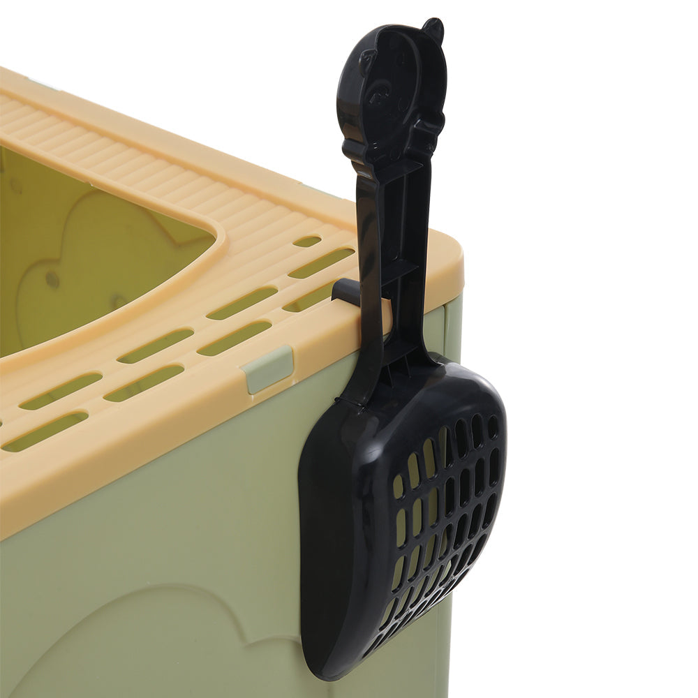 Close-up of a black scoop hanging on the rim of the top panel