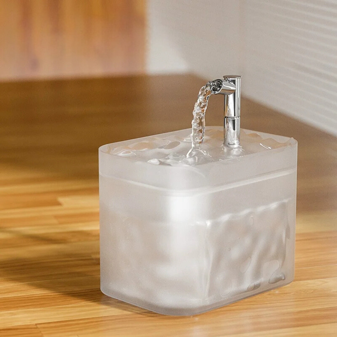 Frosted pet water fountain with a tap-style spout