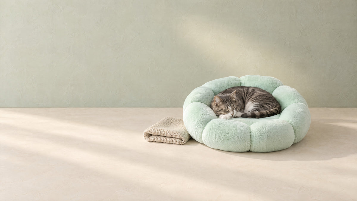 A grey tabby cat asleep in a round mint-green plush pet bed beside a folded knitted blanket, against a pale sage wall in soft morning sun