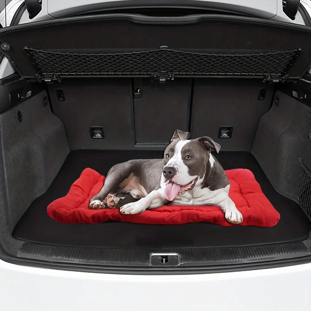 A dog lying on the red travel bed in a car boot