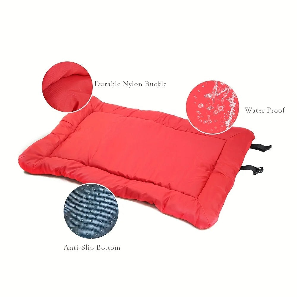 Red travel dog bed with close-ups of the buckle, the water-repellent top and the dotted anti-slip base