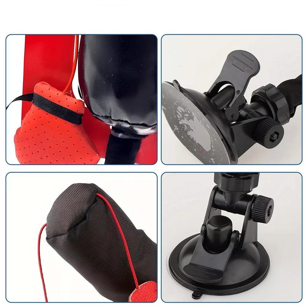 Close-ups of the red glove, the black bag and the suction cup clamp of the cat punching bag