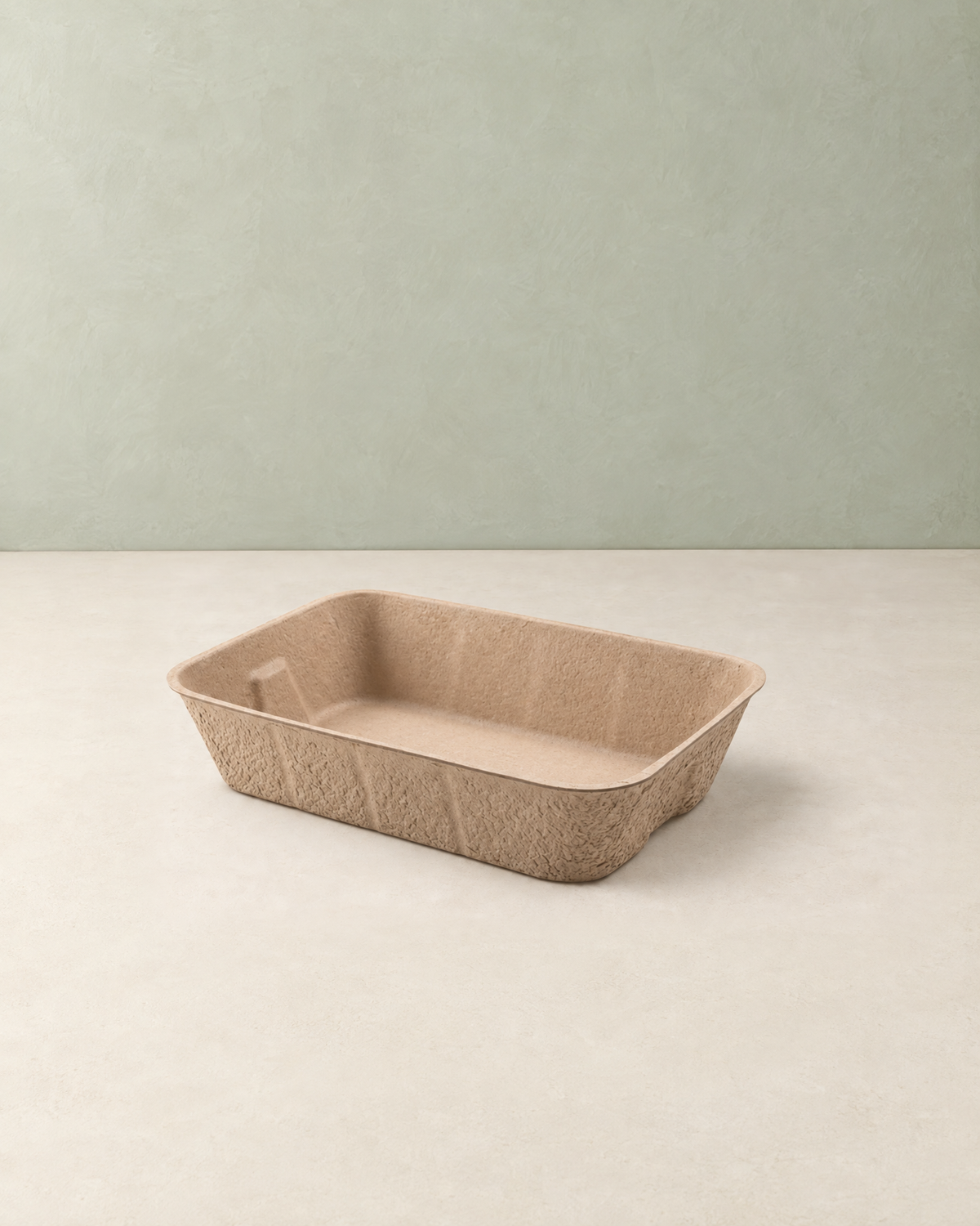 One open moulded pulp cat litter tray, empty, on a cream floor against a pale sage wall