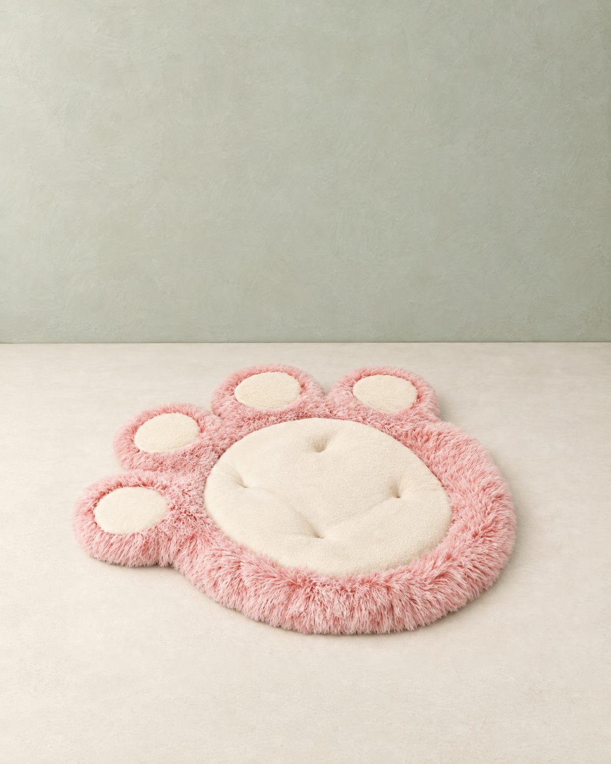 Paw-shaped plush pet bed mat with a cream centre, four cream toe pads and a pink shaggy edge, on a cream floor