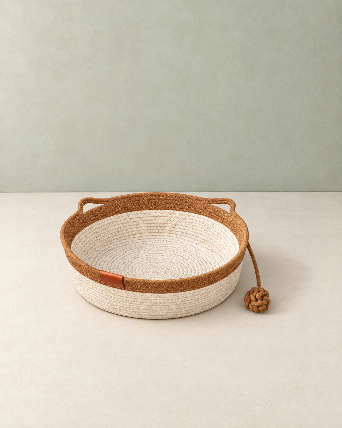 Round cotton rope cat basket bed with a khaki-brown band, standing on a cream floor against a pale sage wall