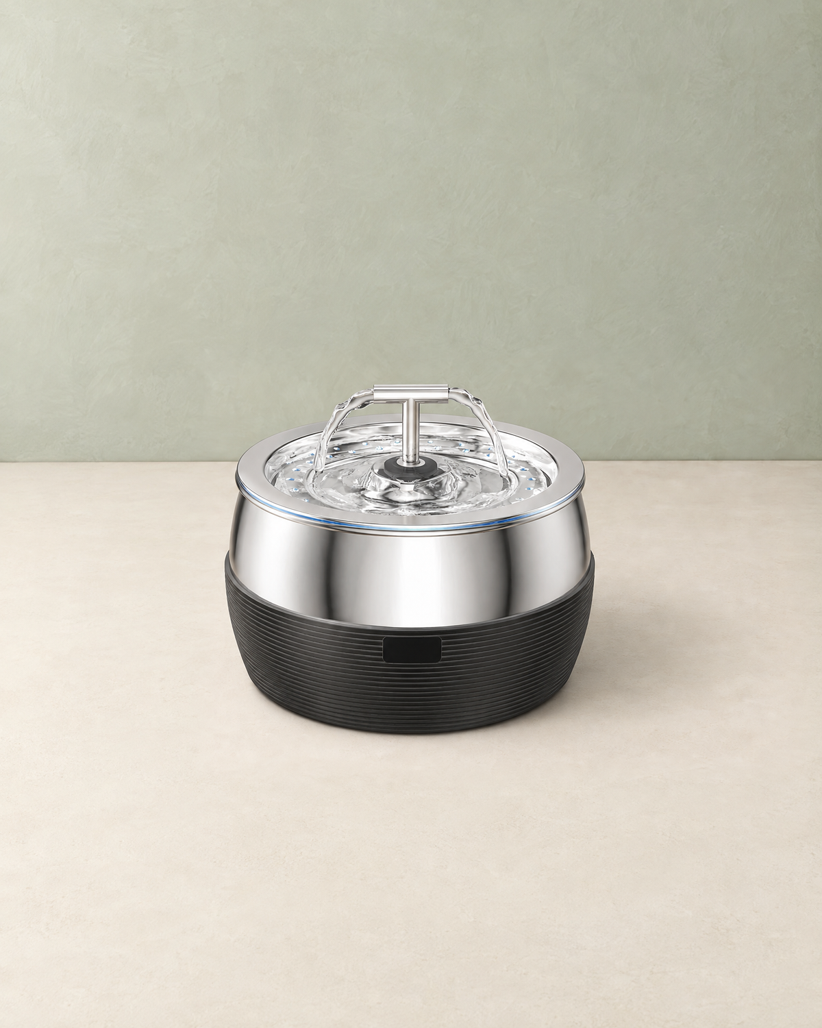 Stainless steel pet water fountain with a T-shaped double spout and a black ribbed base, on a cream floor against a pale sage wall