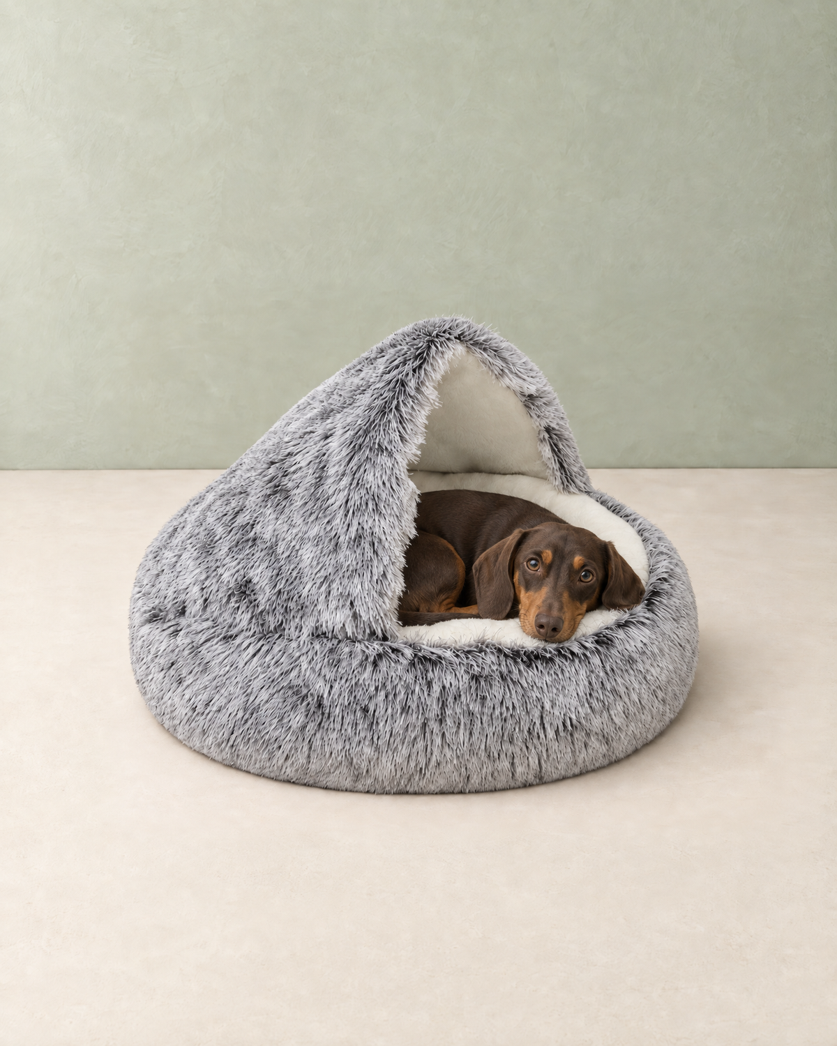 A small brown and tan dachshund curled up inside the grey plush hooded cave bed, its chin on the front rim