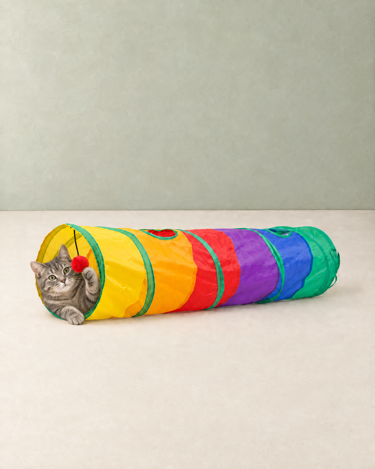 A grey tabby cat looking out of the yellow entrance of the rainbow cat tunnel, pawing at the red pom-pom