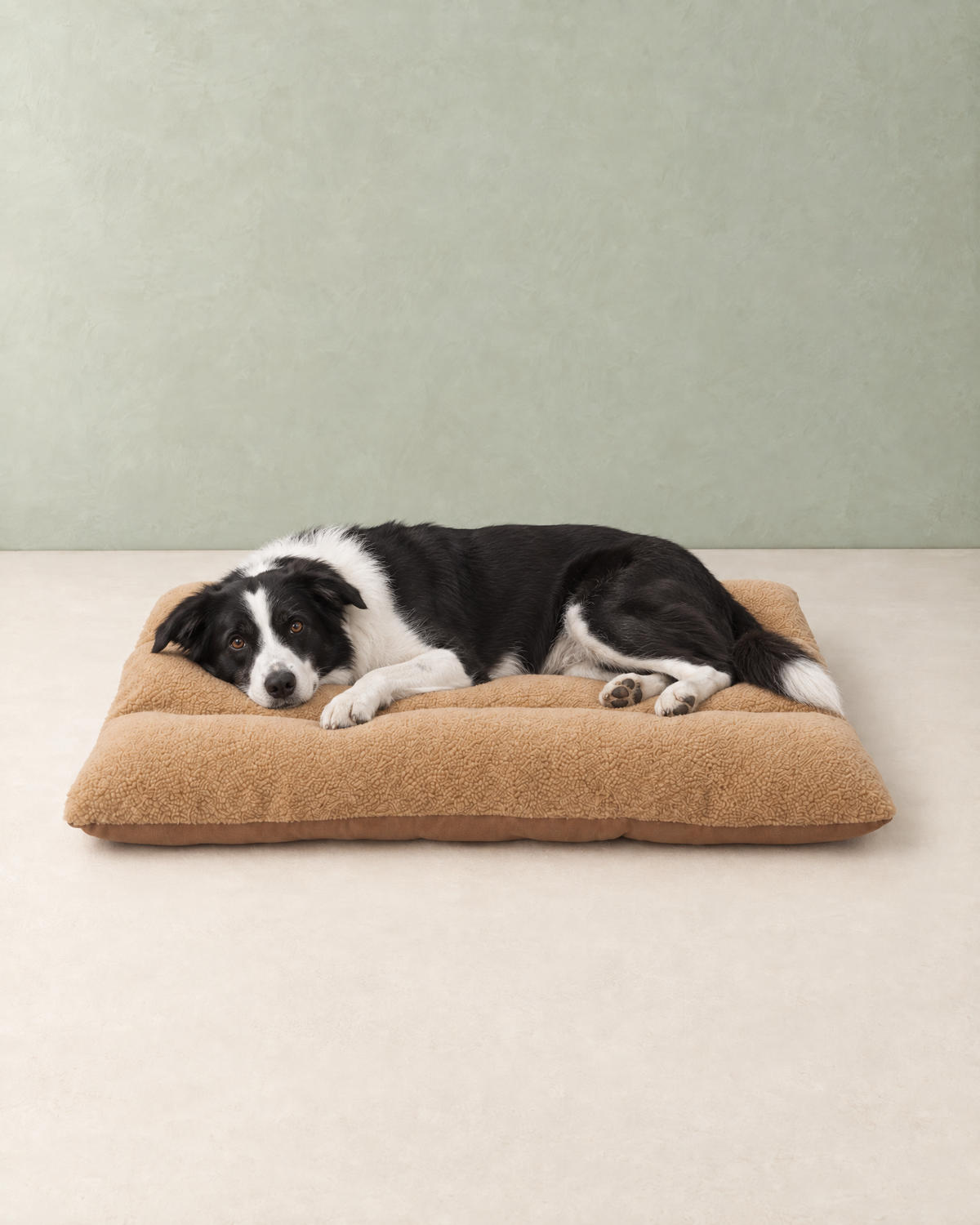 Black and white collie-type dog lying on the camel curly-fleece dog bed cushion