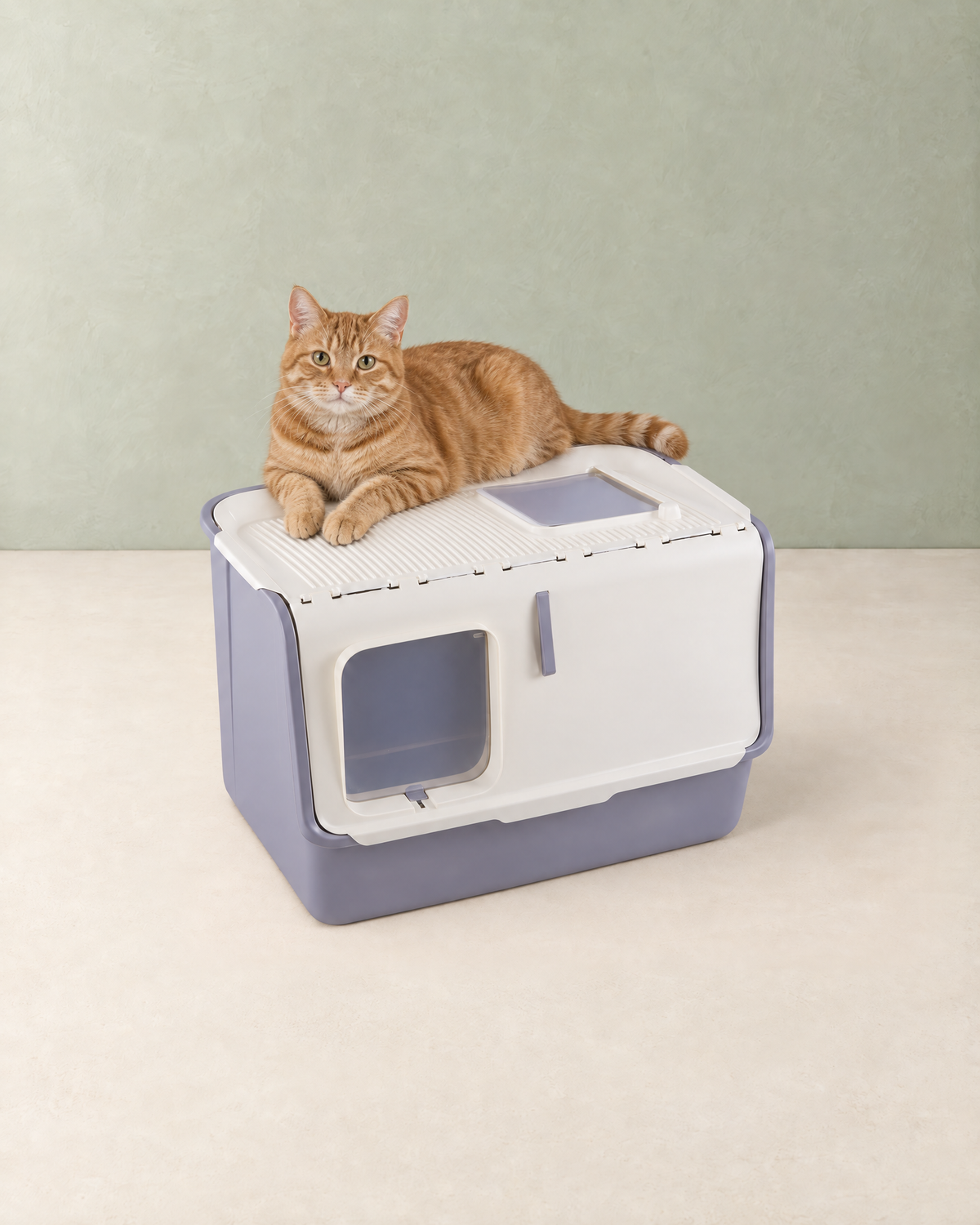 A ginger tabby cat lying on the ridged top of the white and grey hooded litter box