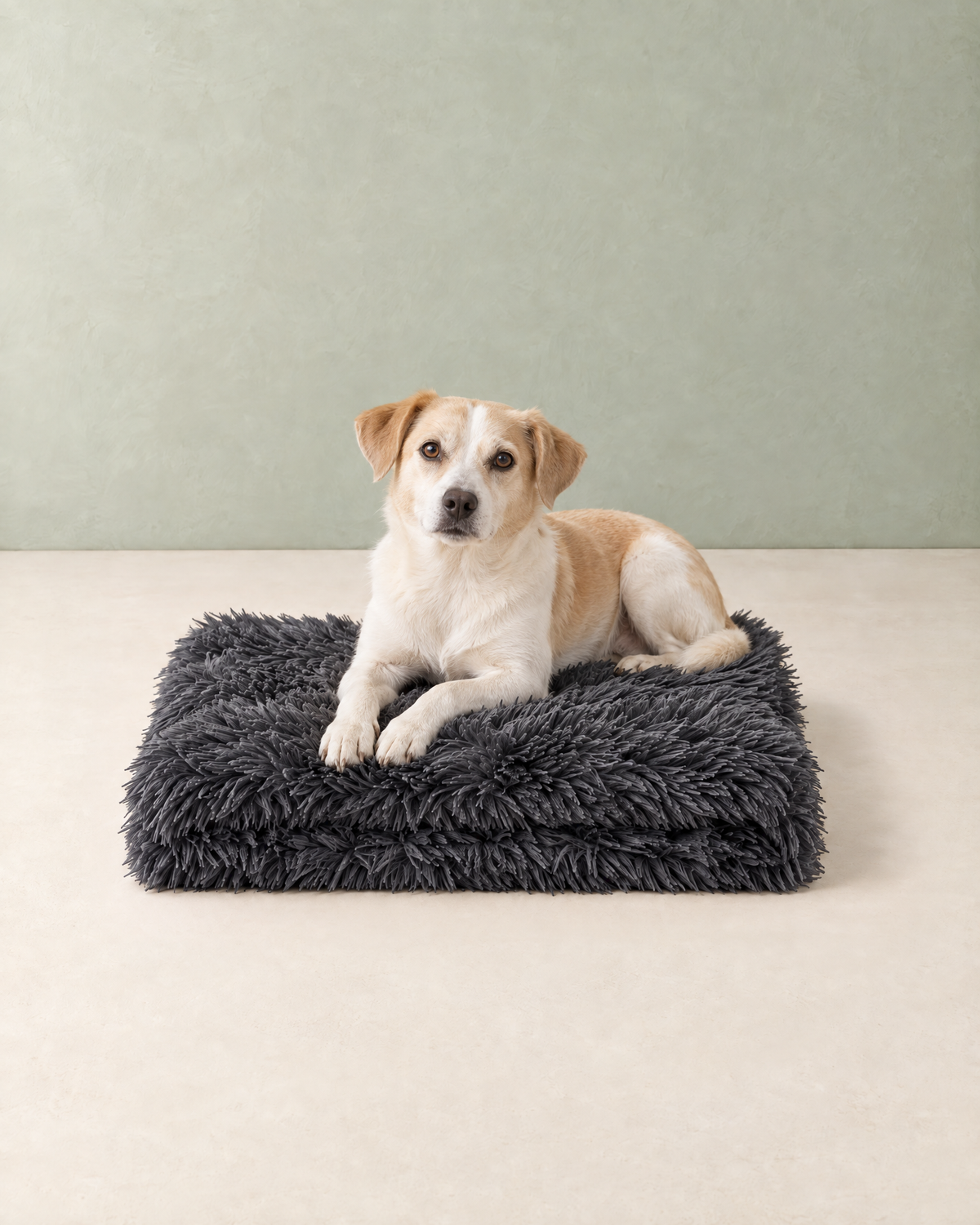 A cream and white dog lying on the folded dark grey long-pile plush blanket