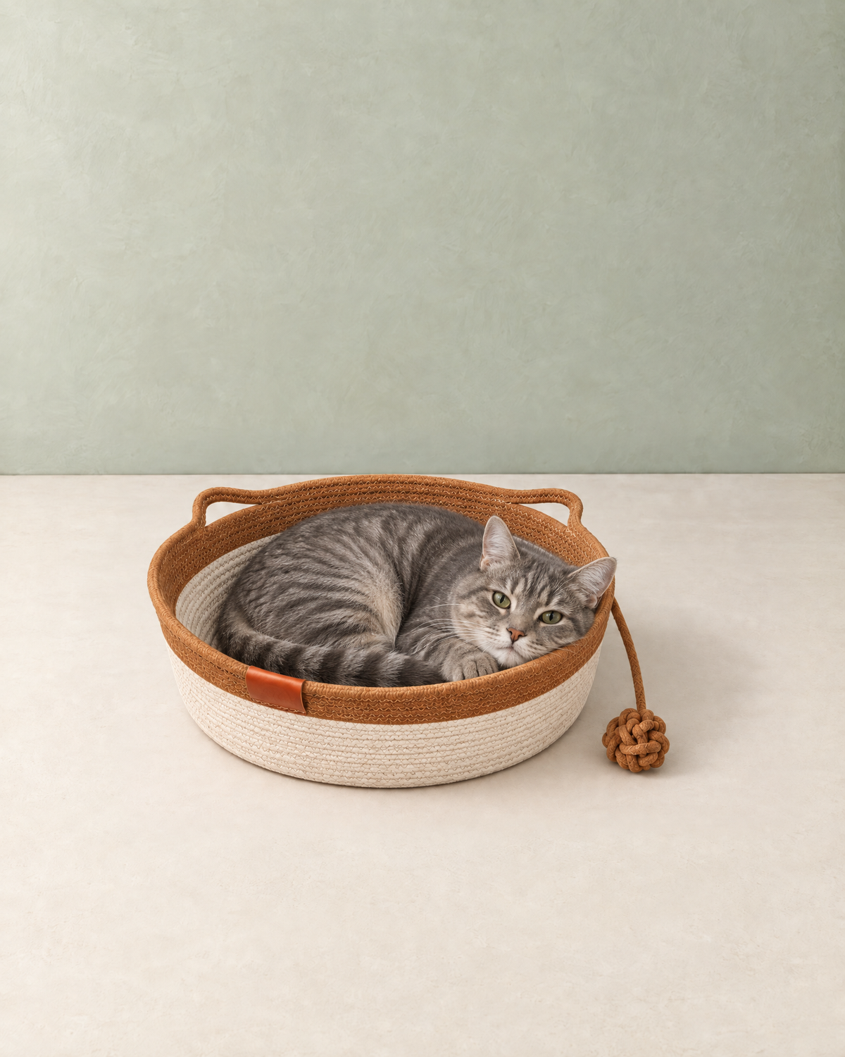 A grey tabby cat curled up in the cotton rope basket bed, its chin on the rim