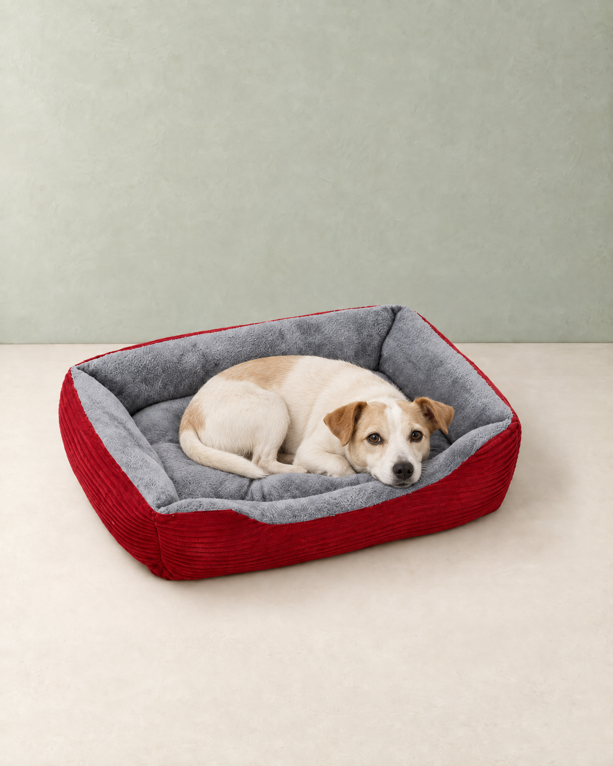 A small tan and white dog curled up in the red rectangular dog bed with a grey plush lining