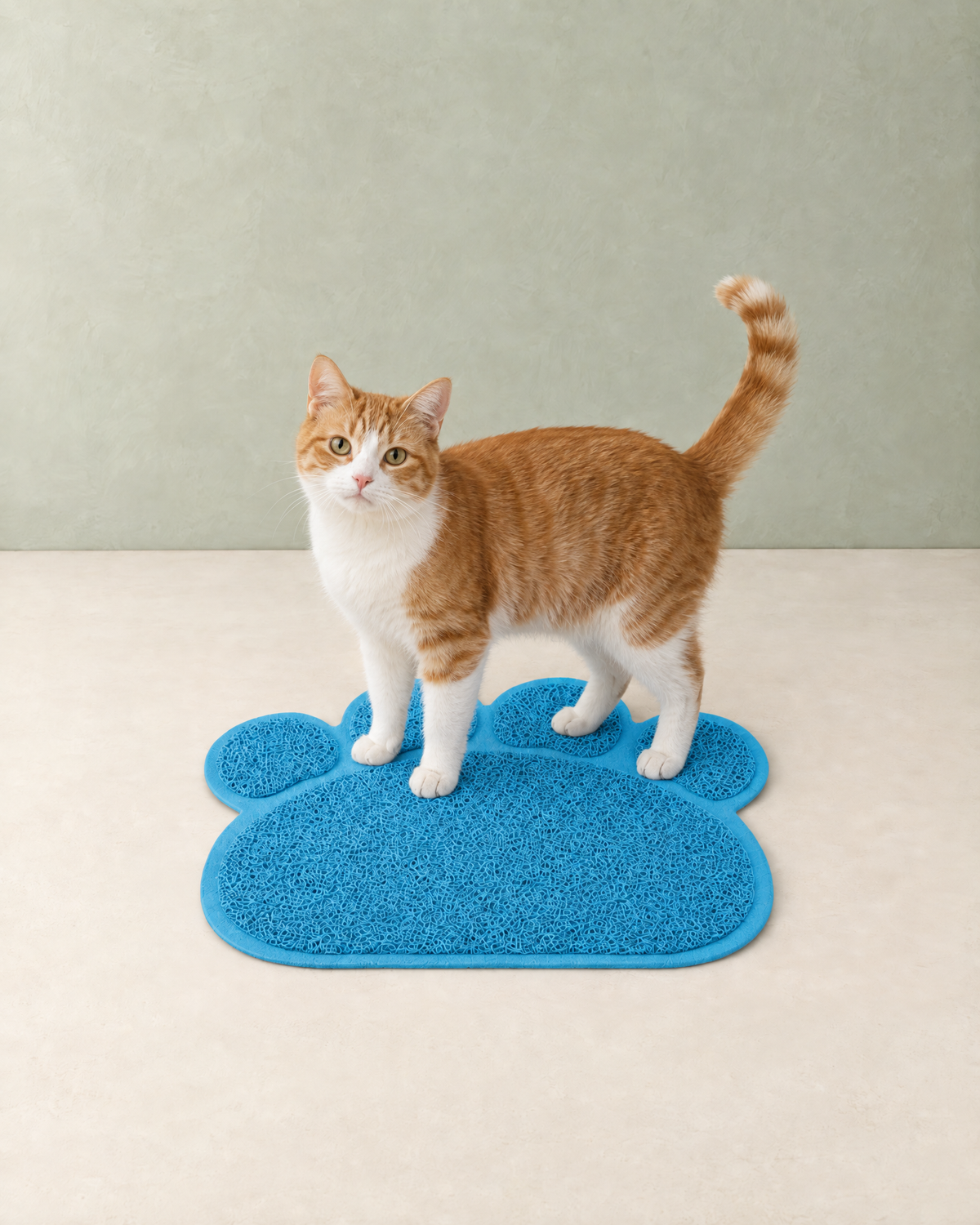 A ginger and white cat standing on the sky blue paw-shaped litter mat