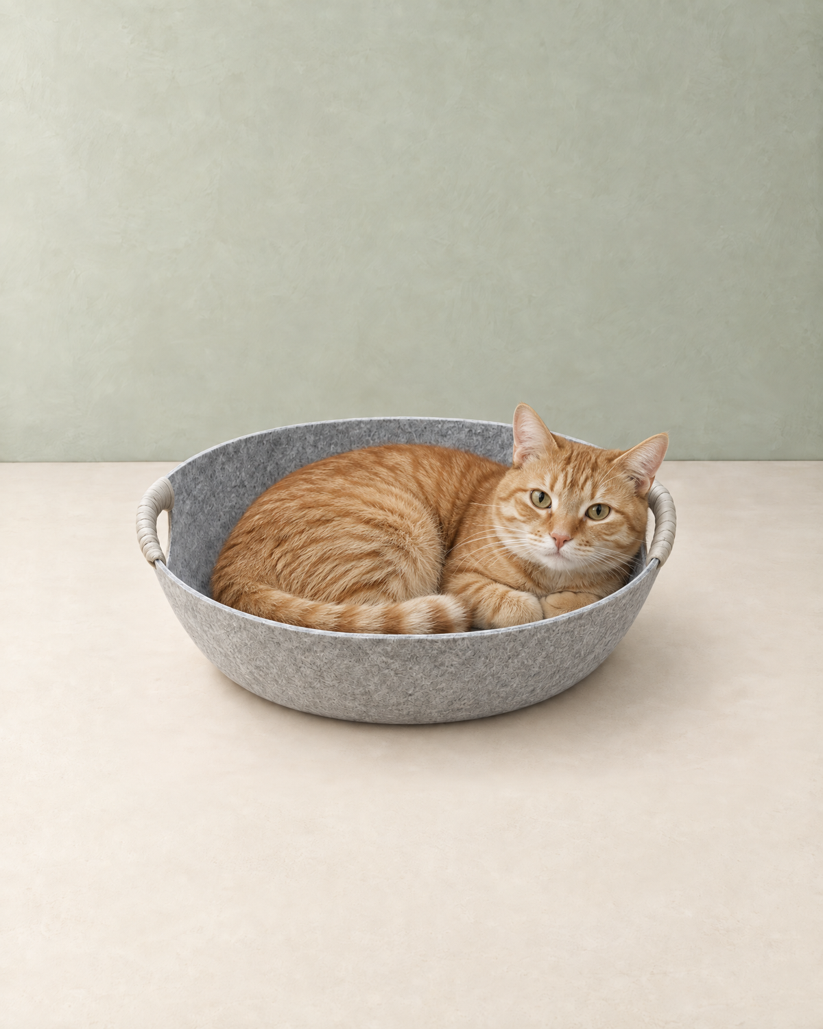 A ginger tabby cat curled up inside the light grey felt cat bed basket