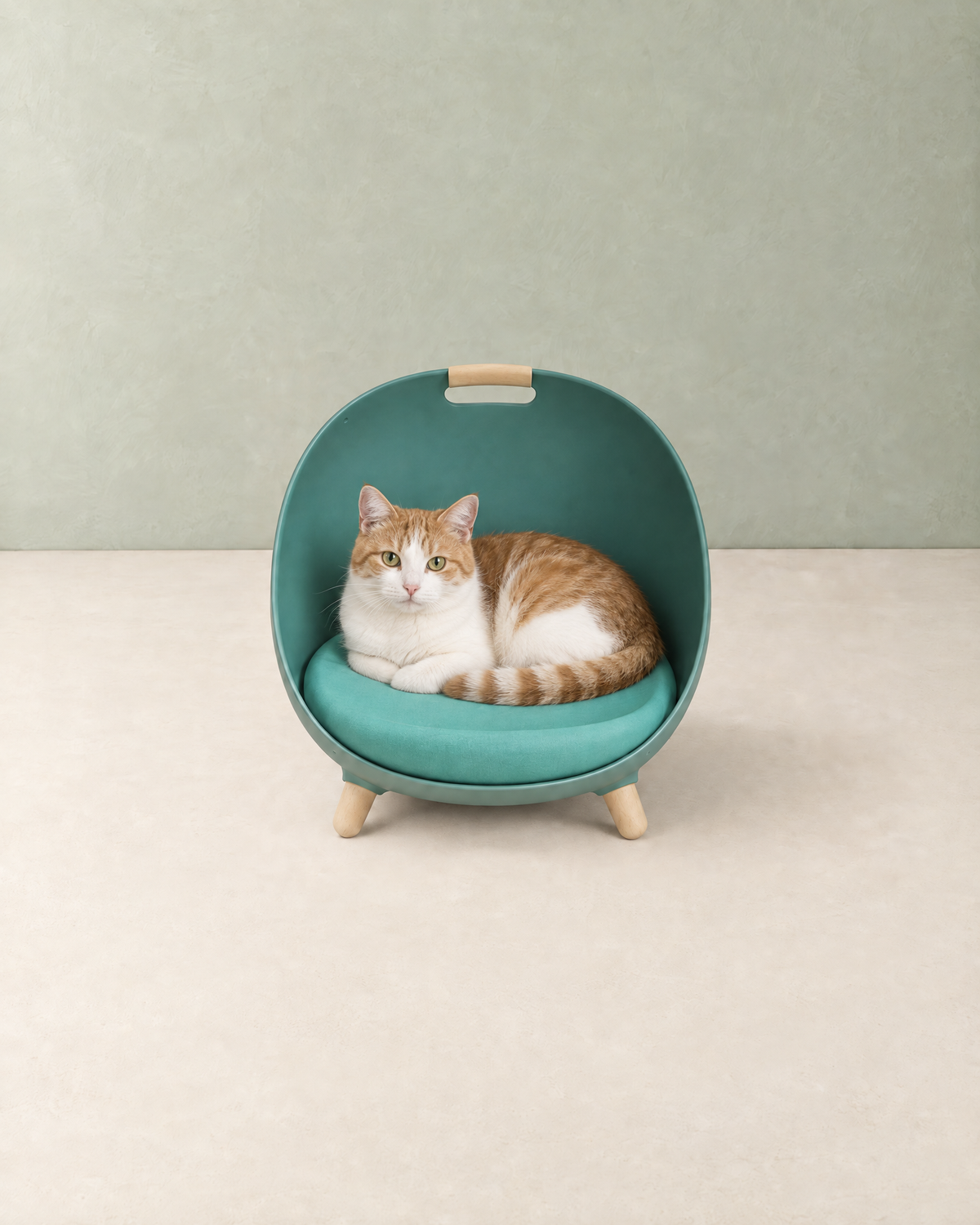 A white and ginger cat curled up on the cushion inside the teal green egg-shaped cat bed