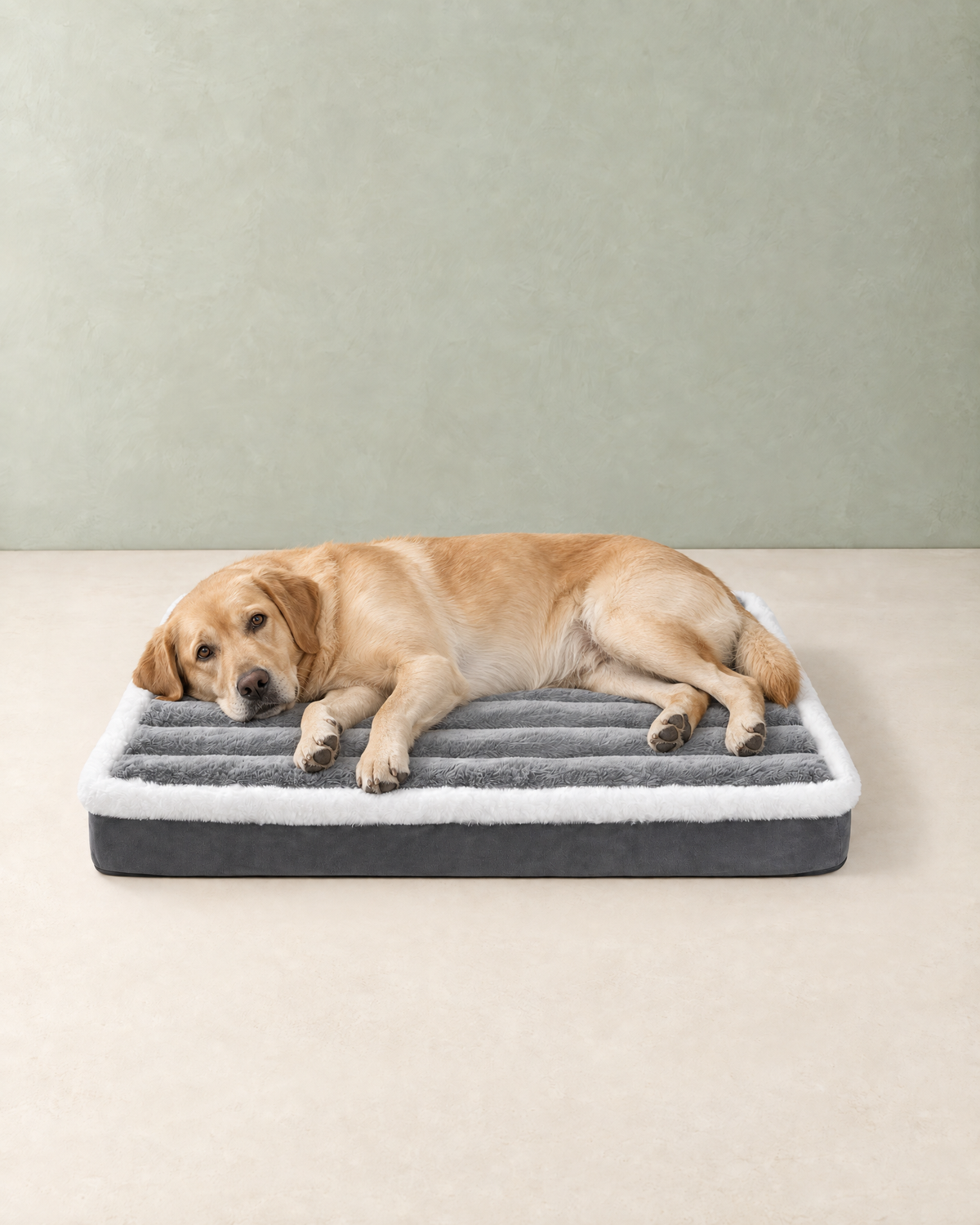 A golden Labrador lying stretched out on the grey foam dog bed mattress