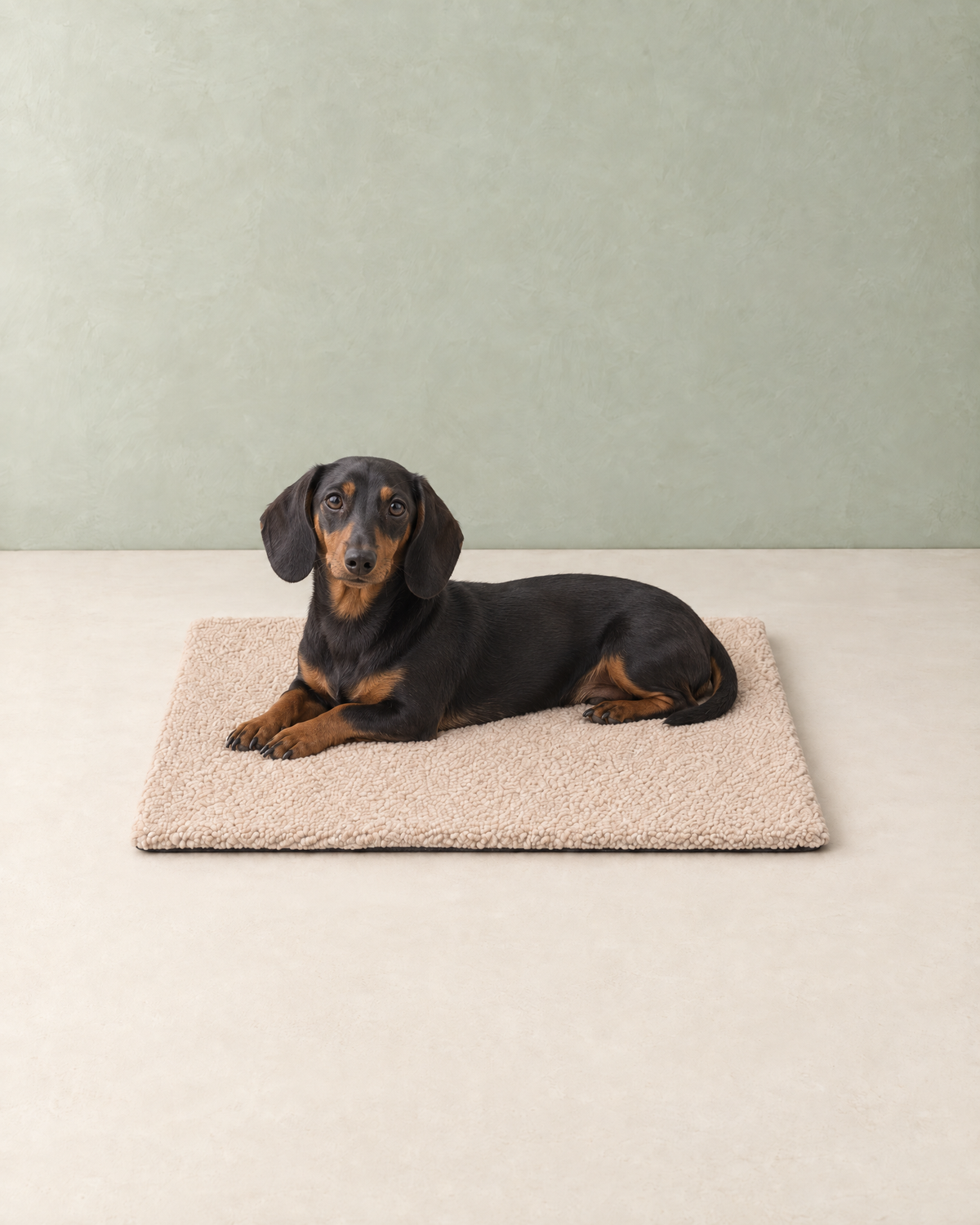 Black and tan miniature dachshund lying on the beige curly-fleece self-warming mat