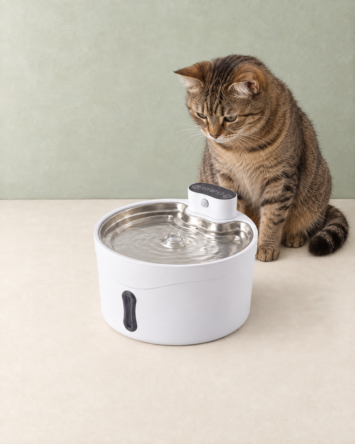 A brown tabby cat sitting beside the white pet water fountain, water flowing over its stainless steel tray