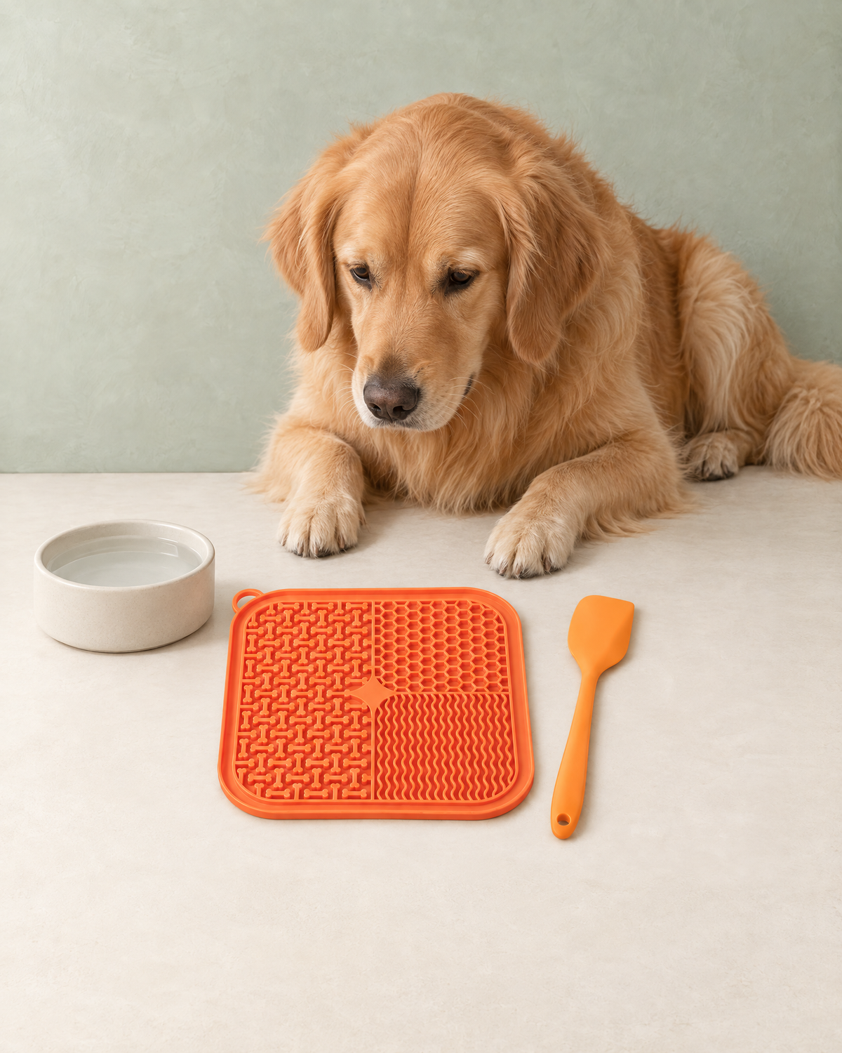 A golden retriever lying behind the orange lick mat and spatula, a separate water bowl beside them
