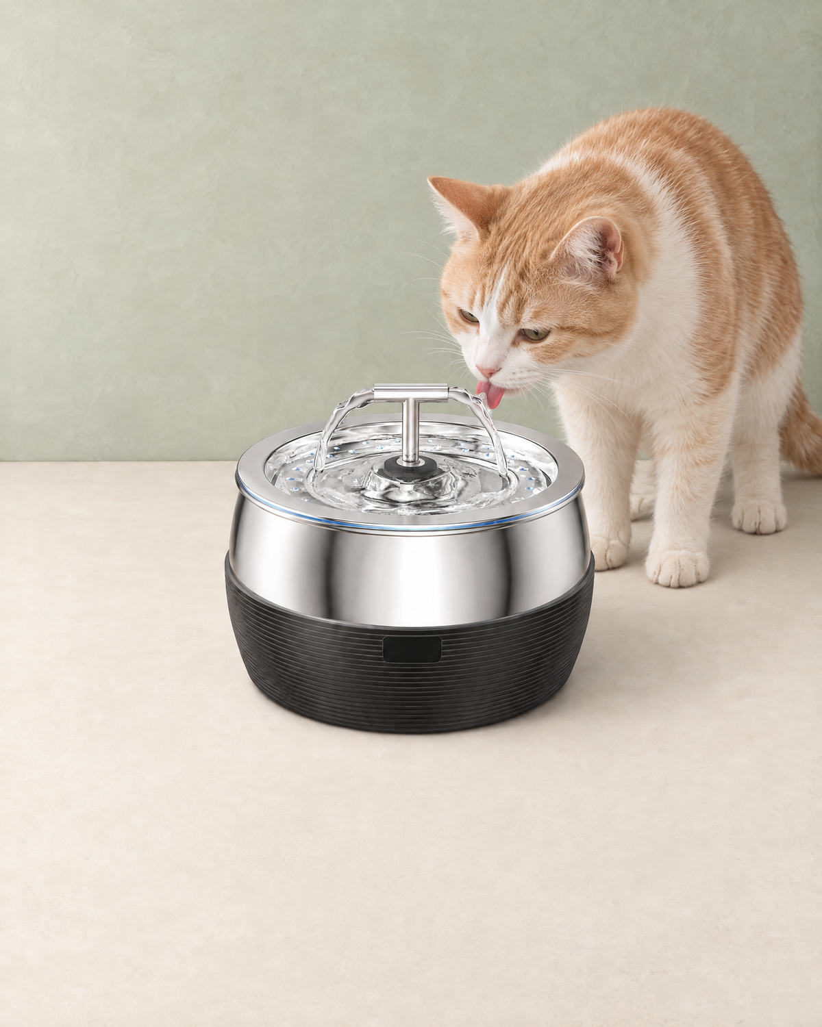 Ginger and white cat drinking from one of the two water streams of the stainless steel fountain
