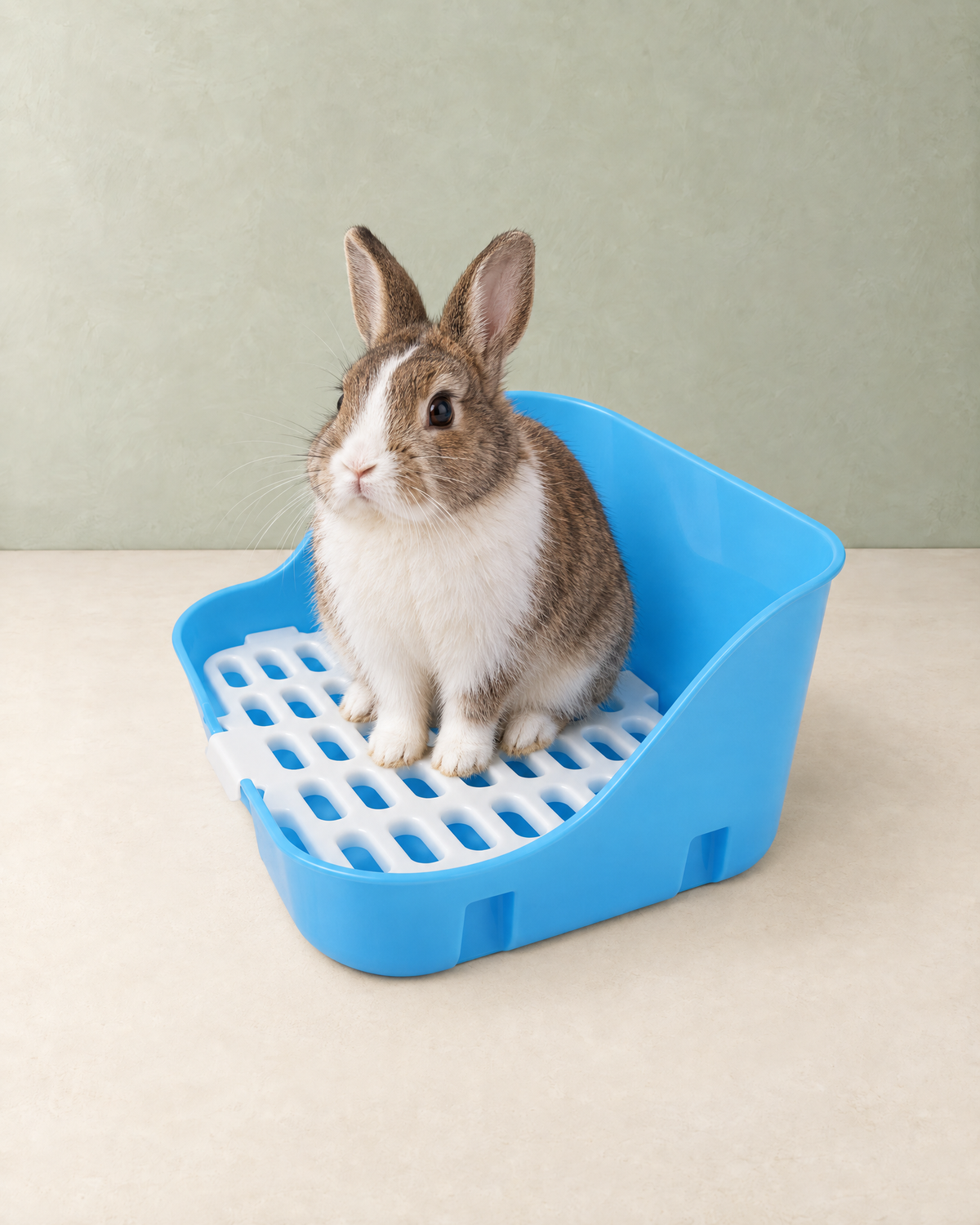 A brown and white dwarf rabbit sitting on the white grid of the blue litter tray