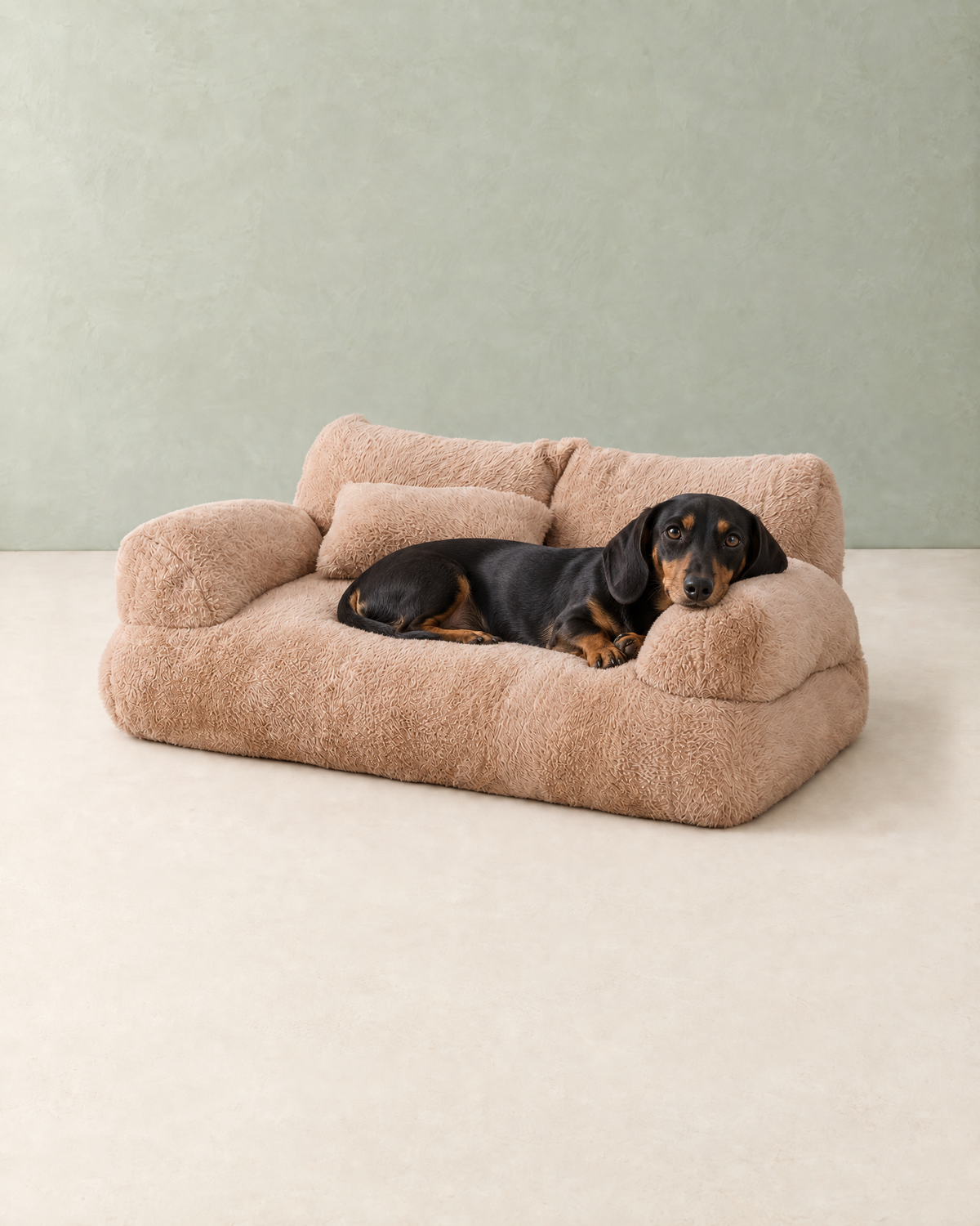 A black and tan dachshund lying on the camel plush dog sofa with its chin on the armrest