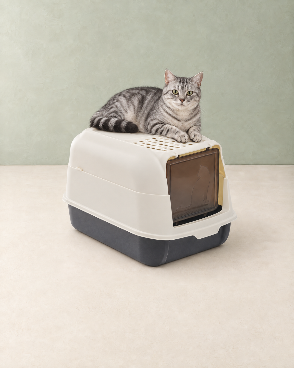 A silver tabby cat lying on top of the cream and charcoal hooded litter box