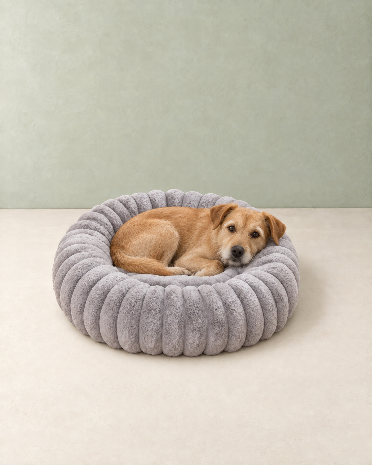 A golden terrier mix curled up in the grey ribbed plush donut dog bed