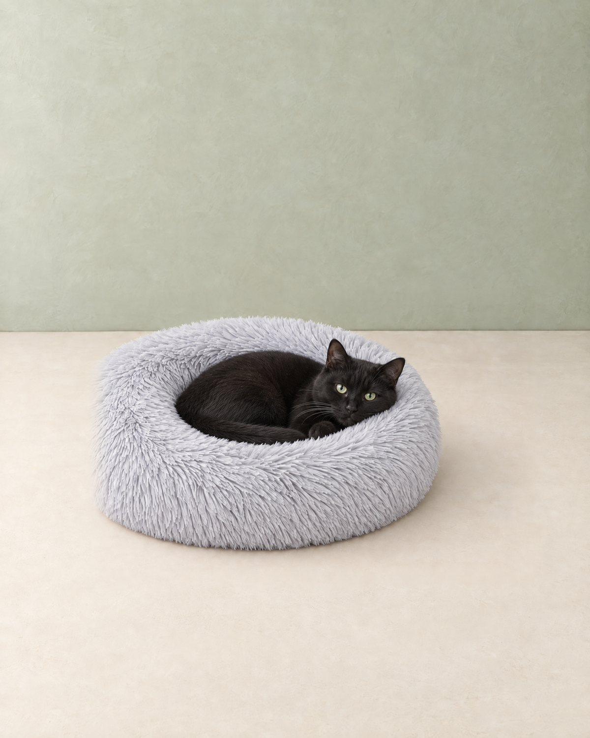 A black cat curled up in the light grey fluffy donut bed