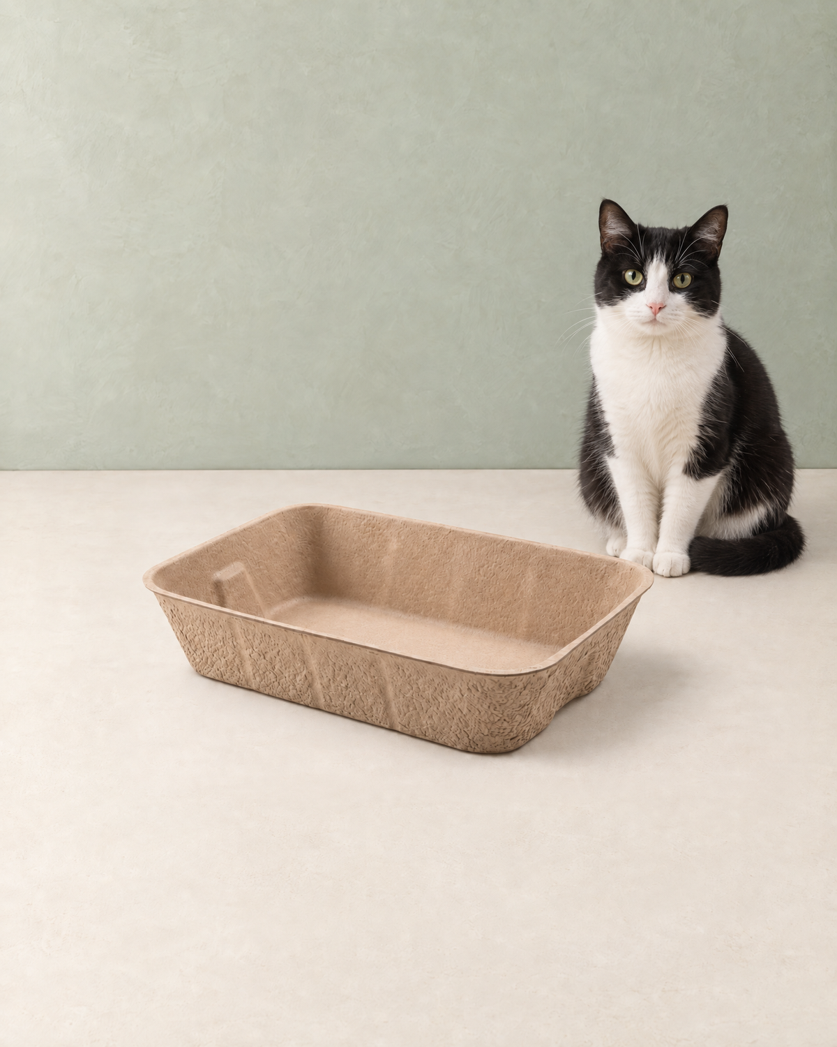 A black and white cat sitting beside the empty moulded pulp litter tray