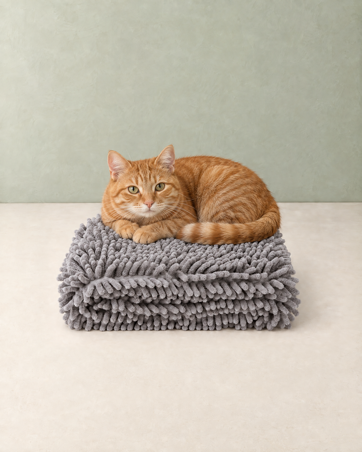 A ginger tabby cat lying curled up on the folded grey chenille pet towel