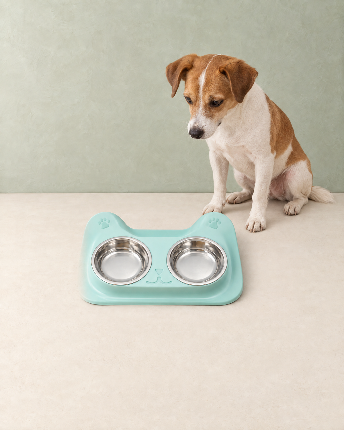 A small tan and white dog sitting beside the mint cat-shaped double bowl set