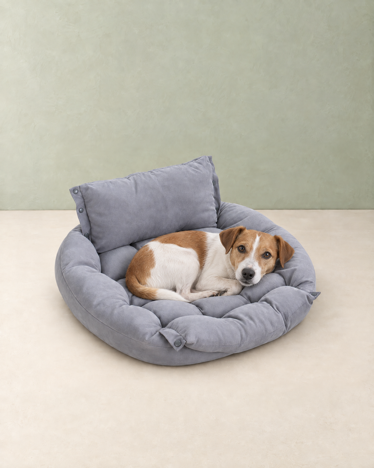 A tan and white terrier curled up on the grey tufted convertible dog bed with its pillow backrest