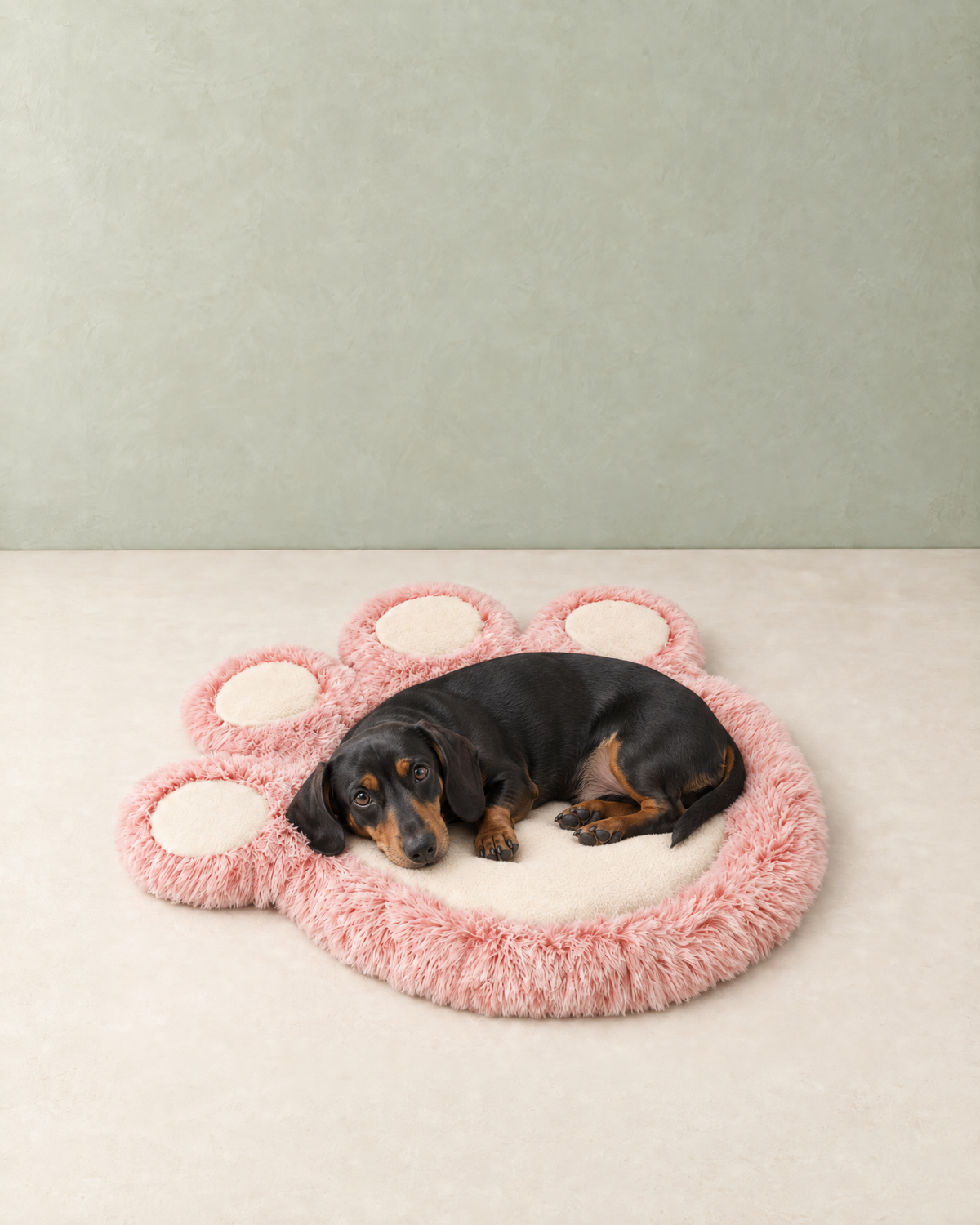 A black and tan dachshund lying on the cream centre of the pink paw-shaped plush bed mat
